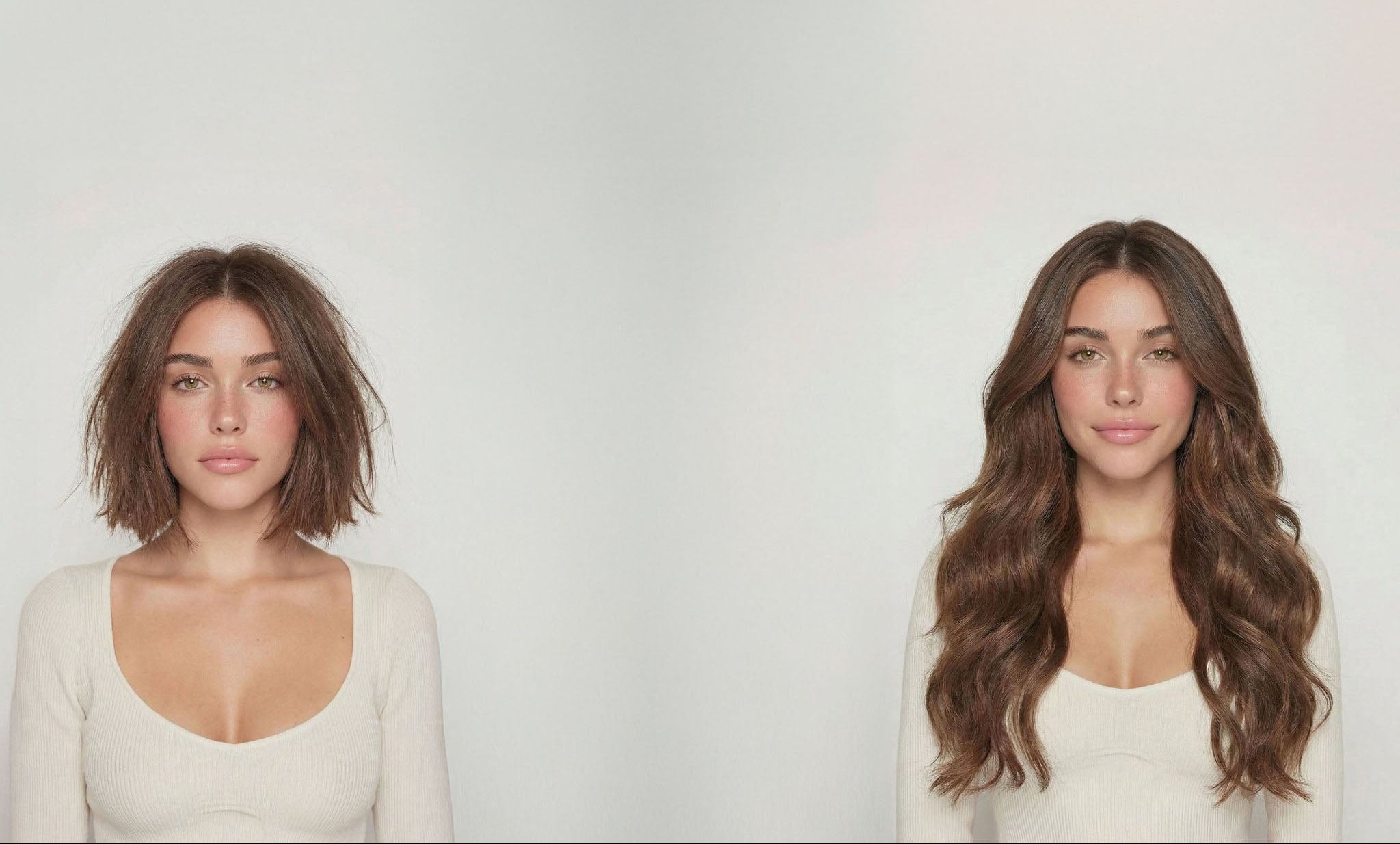 Two women side by side, one with short hair and the other with long hair, against a plain background.