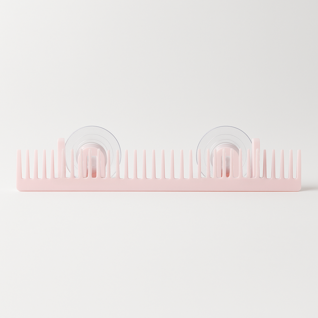 Pink plastic comb with suction cups designed as a Hair Extension Holder for easy at-home use and organization