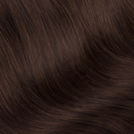 Close-up of smooth, dark brown hair strands showcasing the rich color of Extra Piece Cocoa 4D extensions.