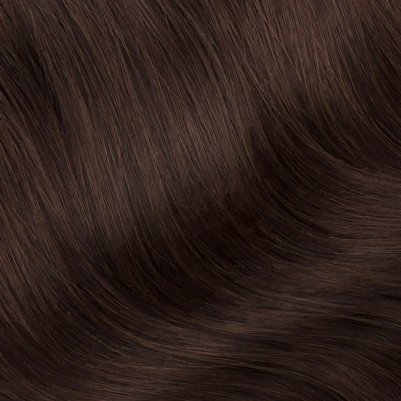 Close-up of smooth, dark brown hair strands showcasing the rich color of Extra Piece Cocoa 4D extensions.